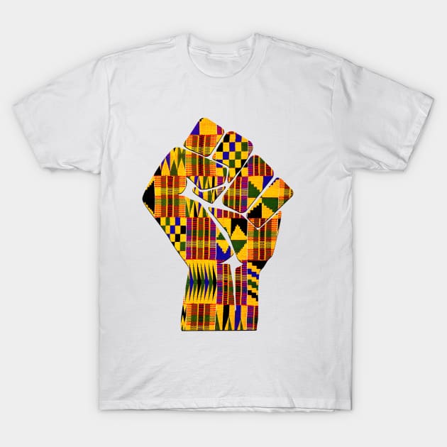Kente Fist Design Melanin Black Pride T-Shirt T-Shirt by Merchweaver